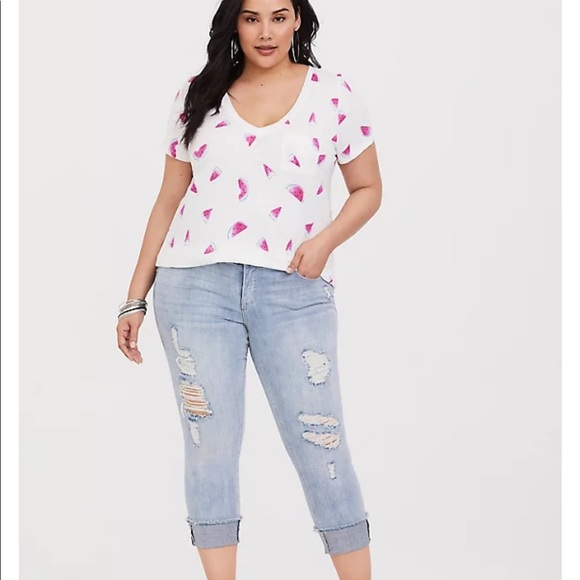 torrid Tops - Torrid Watermelon Fruit Print Slub Classic Fit V Neck Pocket Tee T-Shirt